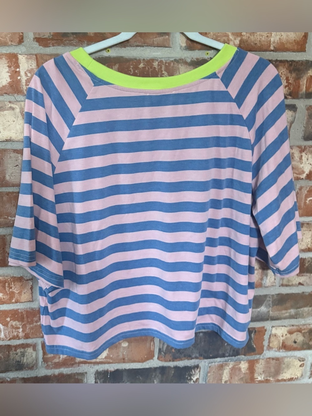 Striped Round neck Top in Pink & Blue with Lime Trim - Picture 5 of 7